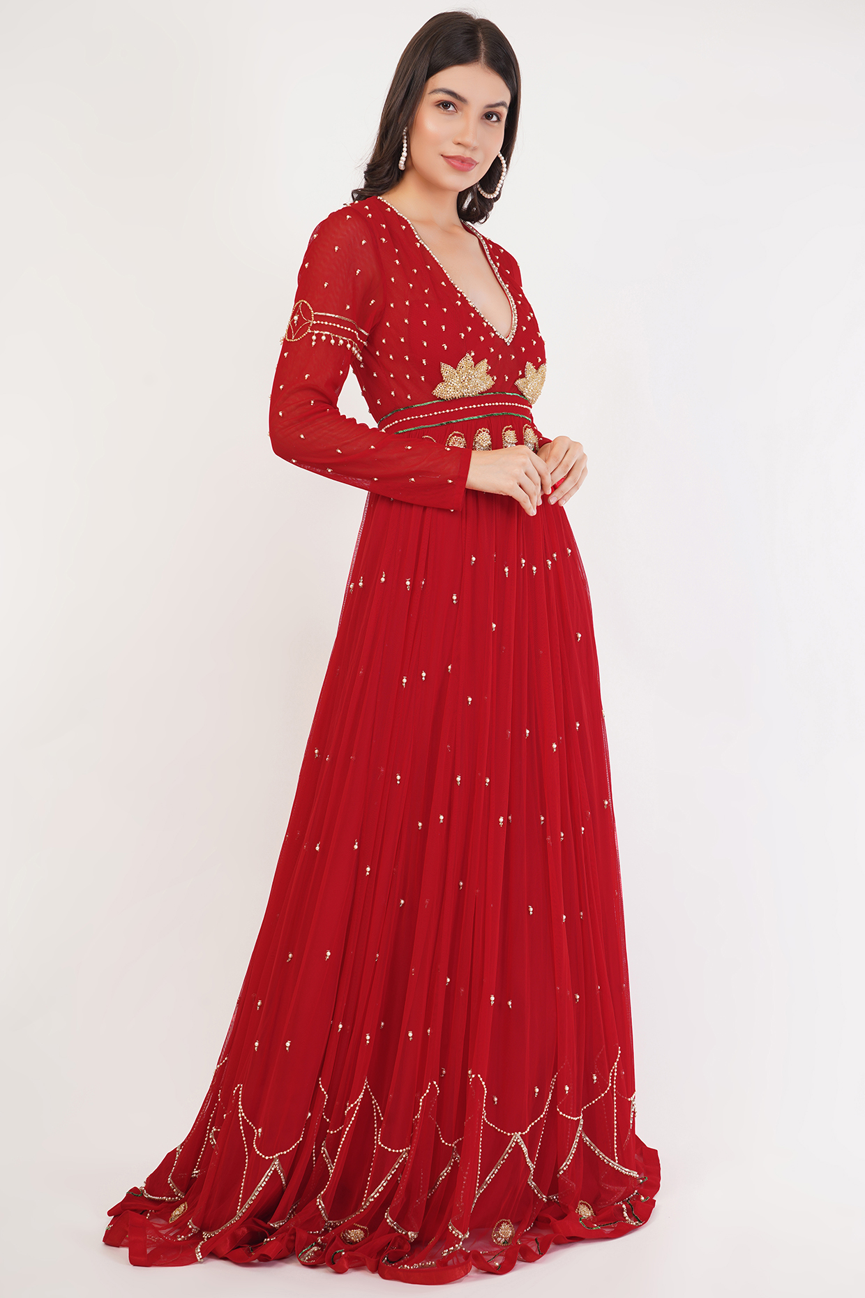 Red Tulle & Hard Net Hand Embroidered Anarkali Party Wear Gown With Dupatta by SHOURYA GATHA at Pernia's Pop Up Shop