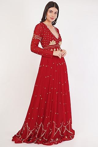 Red Tulle & Hard Net Hand Embroidered Anarkali Gown With Dupatta by SHOURYA GATHA