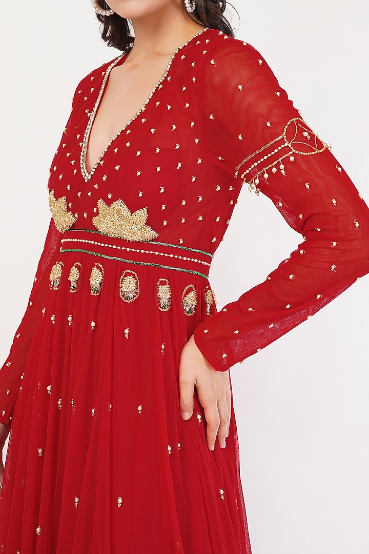 Red Tulle & Hard Net Hand Embroidered Anarkali Party Wear Gown With Dupatta by SHOURYA GATHA at Pernia's Pop Up Shop
