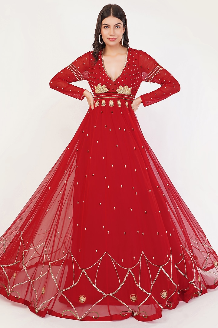 Red Tulle & Hard Net Hand Embroidered Anarkali Party Wear Gown With Dupatta by SHOURYA GATHA at Pernia's Pop Up Shop