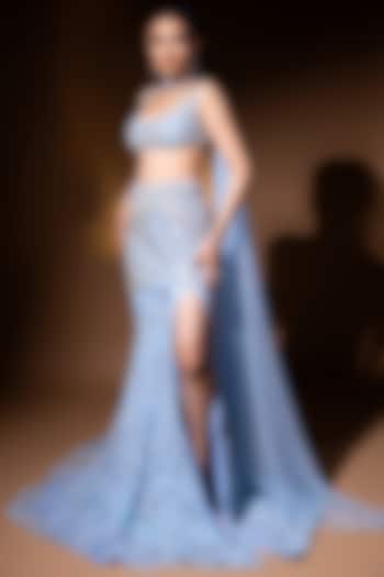Blue Tulle & Satin Lycra Hand Embroidered Mermaid Bridal lehenga for 22 Lehenga Set by SHOURYA GATHA at Pernia's Pop Up Shop
