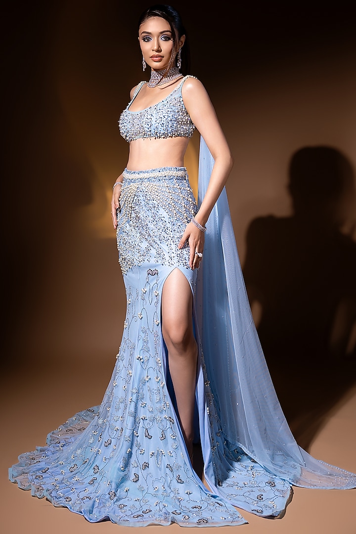 Blue Tulle & Satin Lycra Hand Embroidered Mermaid Bridal lehenga for 22 Lehenga Set by SHOURYA GATHA at Pernia's Pop Up Shop