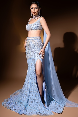 Blue Tulle & Satin Lycra Hand Embroidered Mermaid Lehenga Set by SHOURYA GATHA