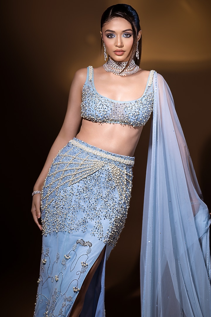 Blue Tulle & Satin Lycra Hand Embroidered Mermaid Bridal Lehenga Set by SHOURYA GATHA at Pernia's Pop Up Shop