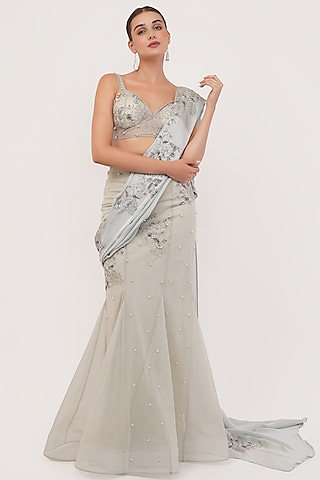 Green Silk Organza & Tulle Hand Embroidered Draped Lehenga Saree Set by SHOURYA GATHA