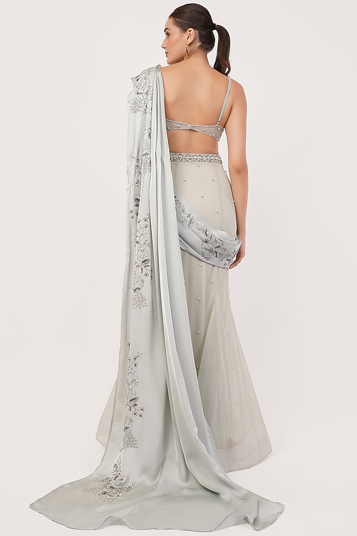 Green Silk Organza & Tulle Hand Embroidered Draped Party Wear Lehenga Saree Set by SHOURYA GATHA at Pernia's Pop Up Shop