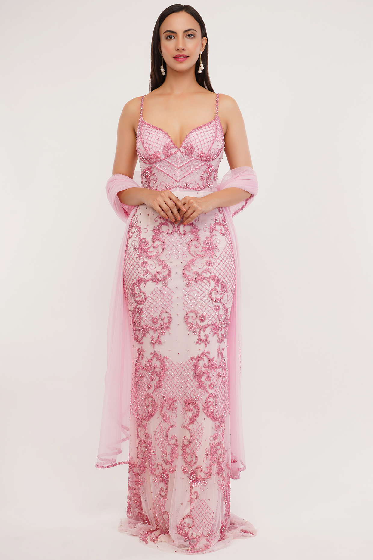 Pink Tulle & Lycra Satin Hand Embroidered Engagement Gown With Dupatta by SHOURYA GATHA at Pernia's Pop Up Shop