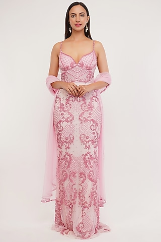 Pink Tulle & Lycra Satin Hand Embroidered Gown With Dupatta by SHOURYA GATHA