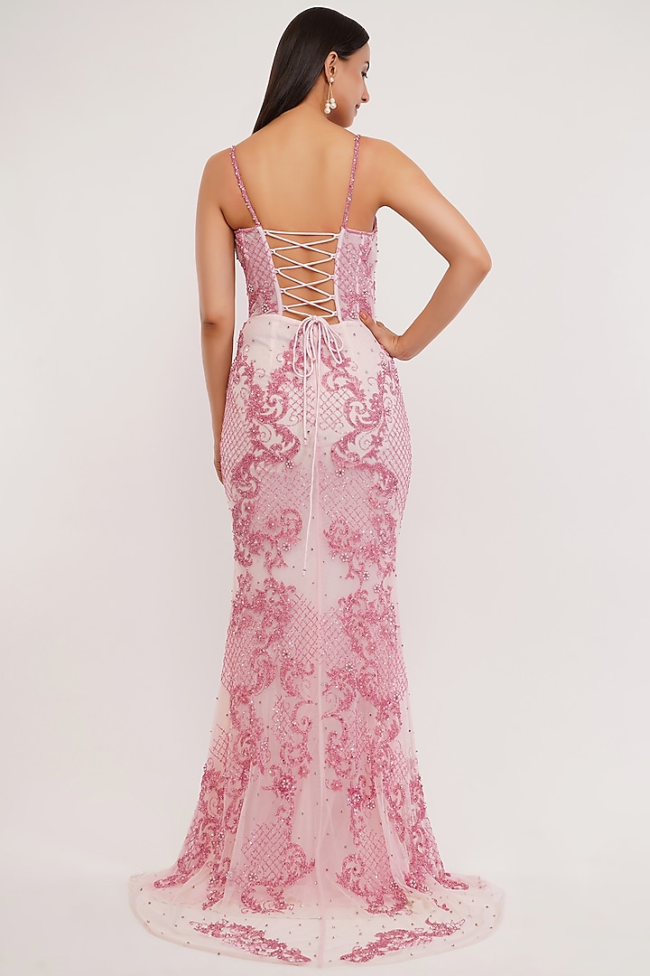 Pink Tulle & Lycra Satin Hand Embroidered Engagement Gown With Dupatta by SHOURYA GATHA at Pernia's Pop Up Shop
