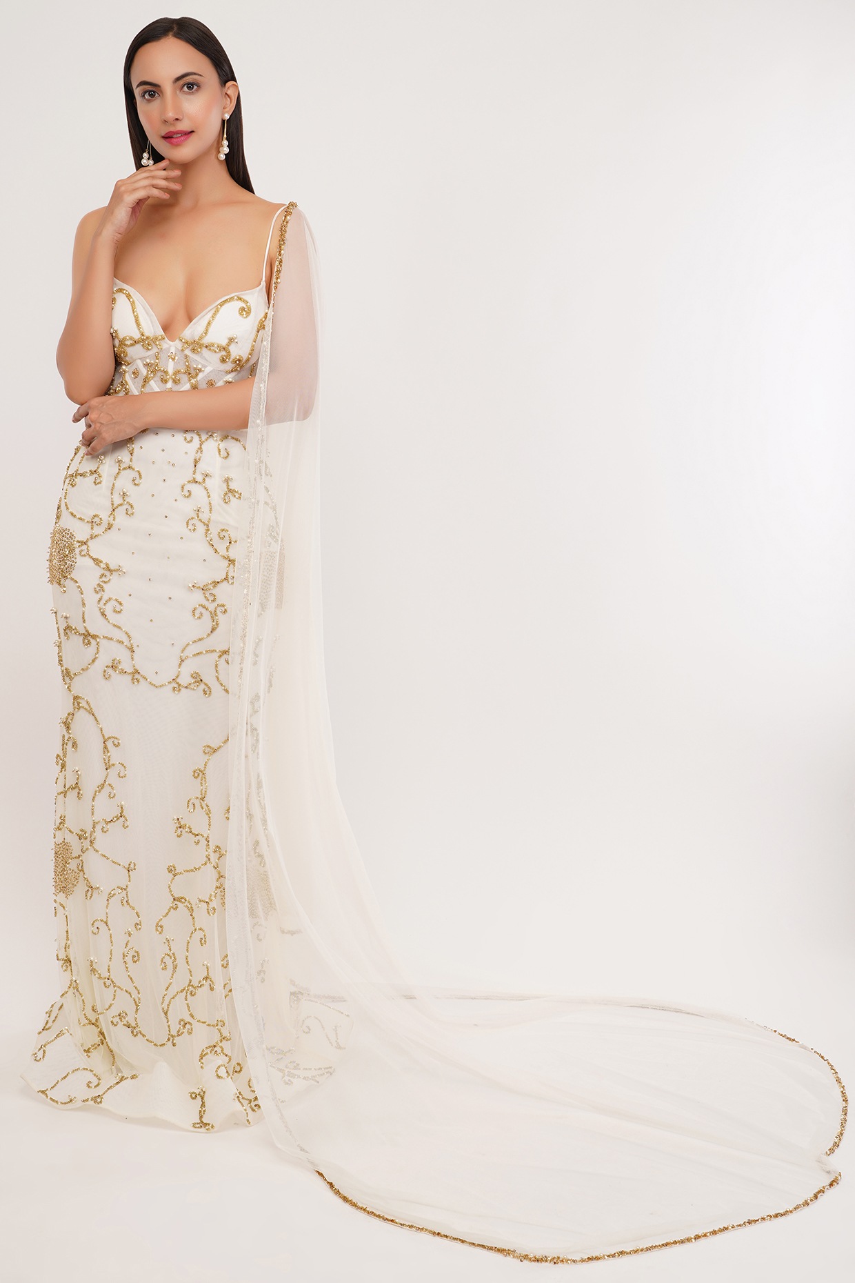 White Gold Tulle & Lycra Satin Hand Embroidered Engagement Gown With  Dupatta by SHOURYA GATHA at Pernia's Pop Up Shop 2026