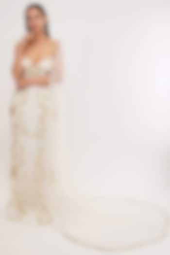 White Gold Tulle & Lycra Satin Hand Embroidered Engagement Gown With Dupatta by SHOURYA GATHA at Pernia's Pop Up Shop