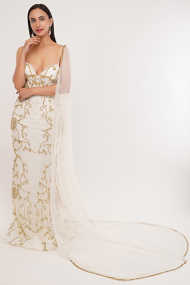 White Gold Tulle & Lycra Satin Hand Embroidered Engagement Gown With Dupatta by SHOURYA GATHA at Pernia's Pop Up Shop
