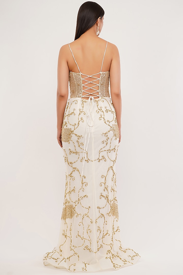 White Gold Tulle & Lycra Satin Hand Embroidered Engagement Gown With Dupatta by SHOURYA GATHA at Pernia's Pop Up Shop