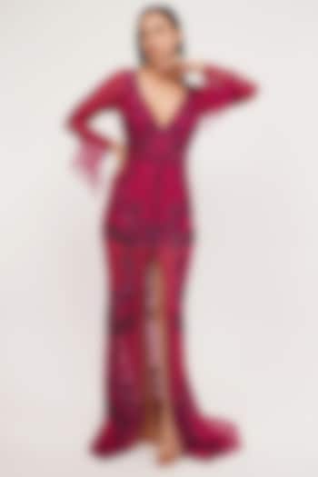 Purple Tulle & Lycra Satin Hand Embroidered Party Wear Gown by SHOURYA GATHA at Pernia's Pop Up Shop