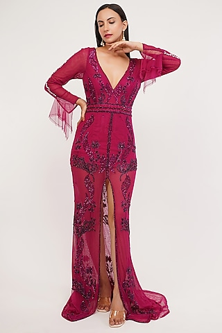 Purple Tulle & Lycra Satin Hand Embroidered Gown by SHOURYA GATHA