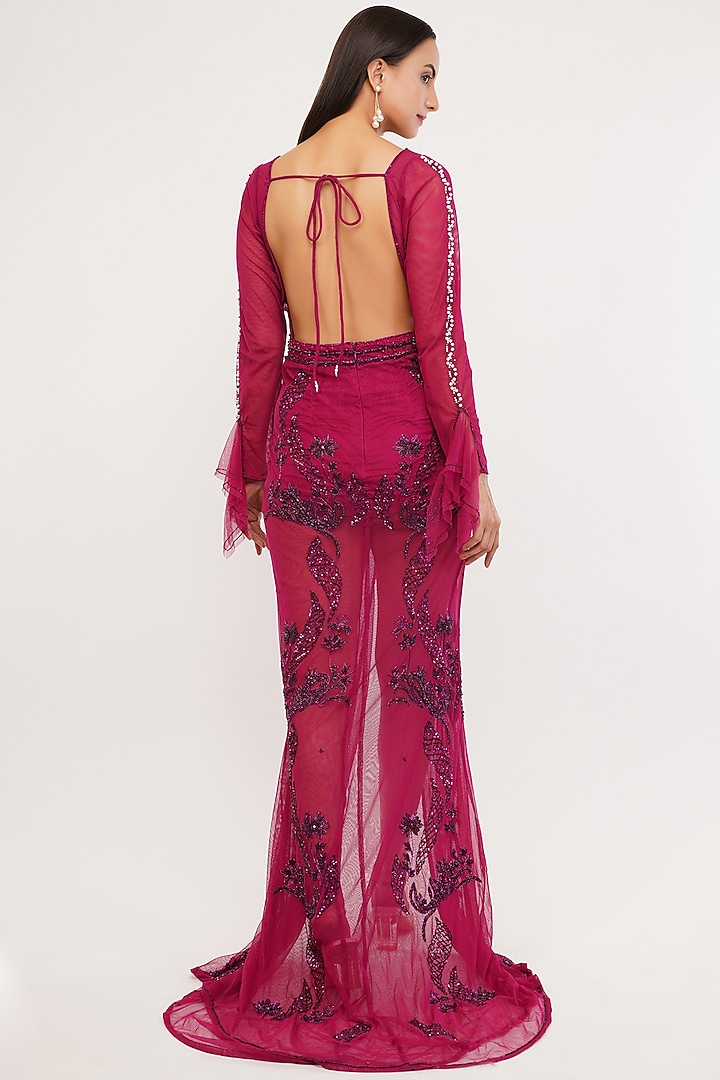 Purple Tulle & Lycra Satin Hand Embroidered Party Wear Gown by SHOURYA GATHA at Pernia's Pop Up Shop