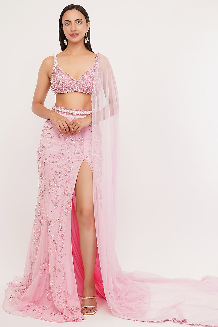 Pink Tulle & Satin Lycra Hand Embroidered Mermaid Bridal lehenga for 22 Lehenga Set by SHOURYA GATHA at Pernia's Pop Up Shop
