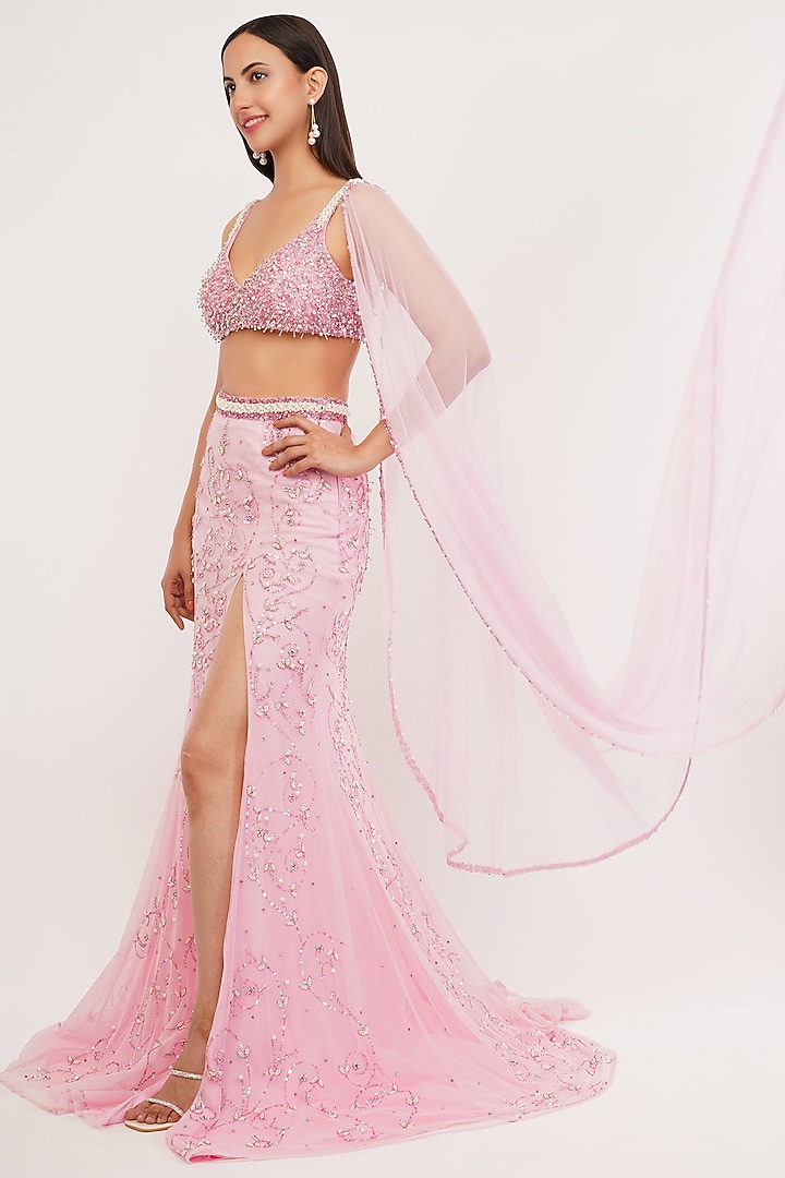 Pink Tulle & Satin Lycra Hand Embroidered Mermaid Bridal Lehenga Set by SHOURYA GATHA at Pernia's Pop Up Shop