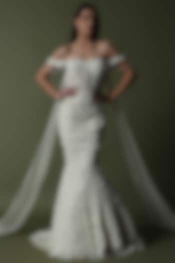 White Tulle & Hard Net Hand Embroidered Mermaid Bridal Gown by SHOURYA GATHA at Pernia's Pop Up Shop