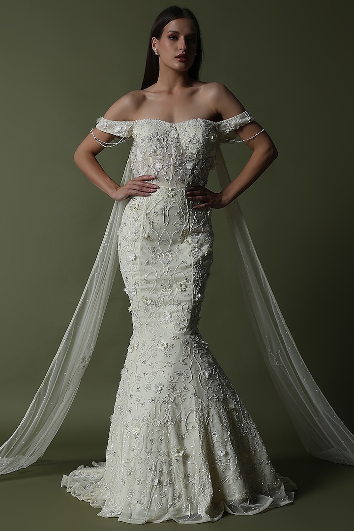 White Tulle & Hard Net Hand Embroidered Mermaid Bridal Gown by SHOURYA GATHA at Pernia's Pop Up Shop