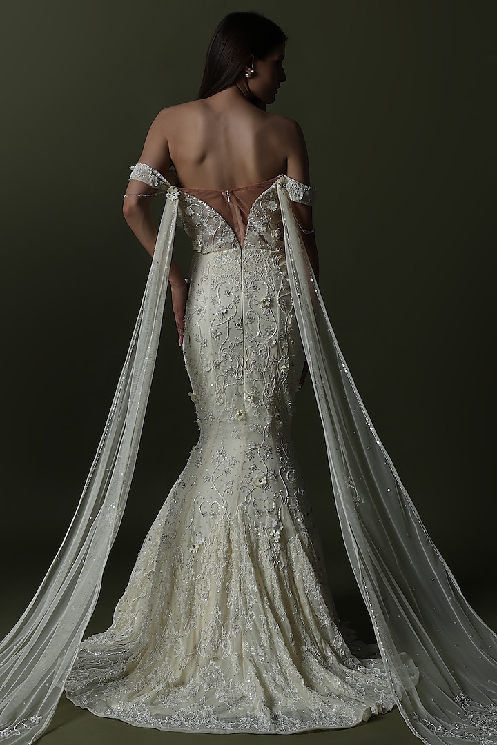 White Tulle & Hard Net Hand Embroidered Mermaid Bridal Gown by SHOURYA GATHA at Pernia's Pop Up Shop