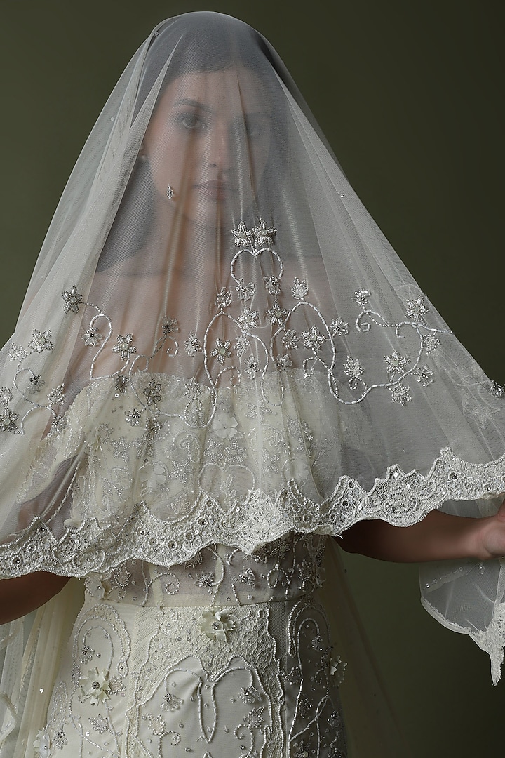 White Tulle & Hard Net Hand Embroidered Mermaid Bridal Gown by SHOURYA GATHA at Pernia's Pop Up Shop