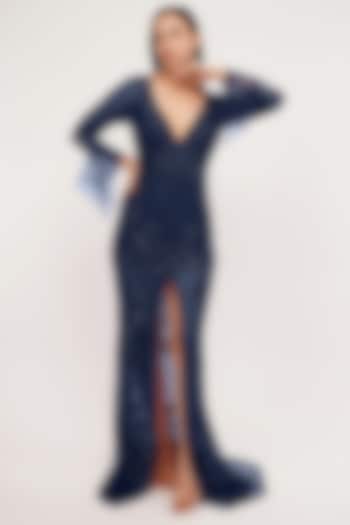 Tanzanite Blue Tulle Crystal Hand Embroidered Party Wear Gown by SHOURYA GATHA at Pernia's Pop Up Shop
