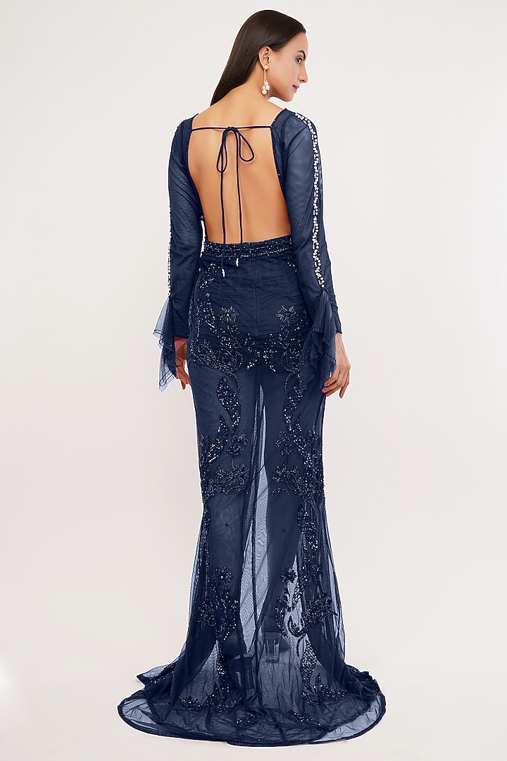 Tanzanite Blue Tulle Crystal Hand Embroidered Party Wear Gown by SHOURYA GATHA at Pernia's Pop Up Shop