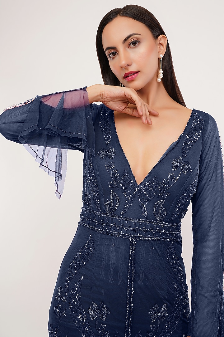 Tanzanite Blue Tulle Crystal Hand Embroidered Party Wear Gown by SHOURYA GATHA at Pernia's Pop Up Shop