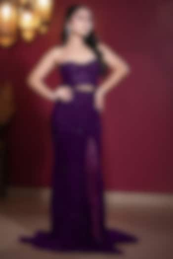 Purple Tulle & Satin Lycra Hand Embroidered Draped  dulhan bday 22 may Lehenga Set by SHOURYA GATHA at Pernia's Pop Up Shop