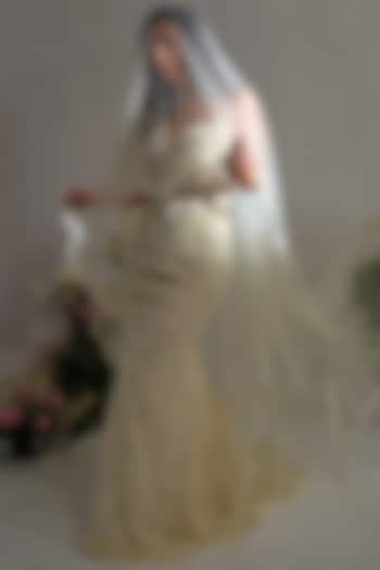 Off-White Chantilly Lace Pearl Hand Embroidered Mermaid Wedding Gown by SHOURYA GATHA at Pernia's Pop Up Shop