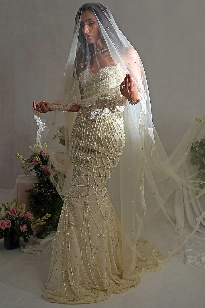 Off-White Chantilly Lace Pearl Hand Embroidered Mermaid Wedding Gown by SHOURYA GATHA at Pernia's Pop Up Shop