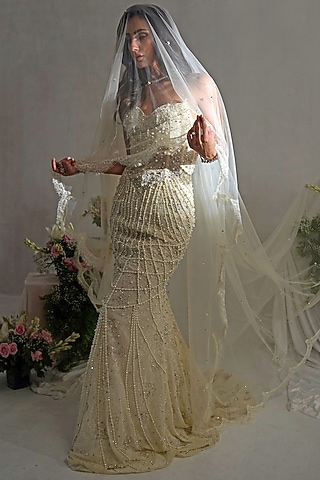Off-White Chantilly Lace Pearl Hand Embroidered Mermaid Gown by SHOURYA GATHA