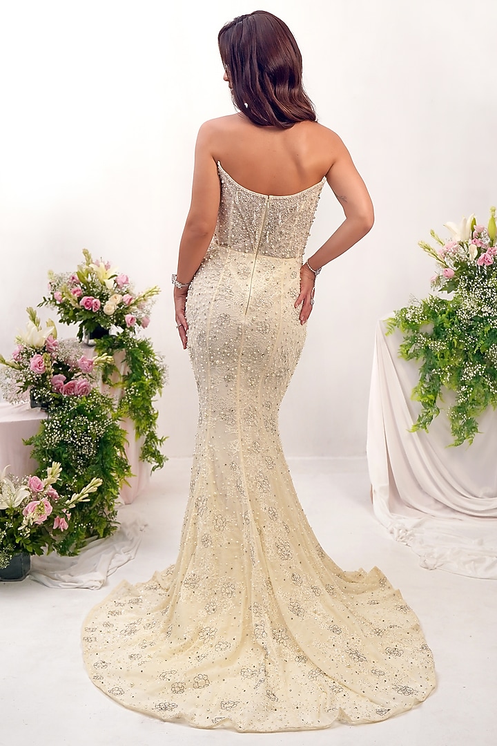 Off-White Chantilly Lace Pearl Hand Embroidered Mermaid Bridal Gown by SHOURYA GATHA at Pernia's Pop Up Shop