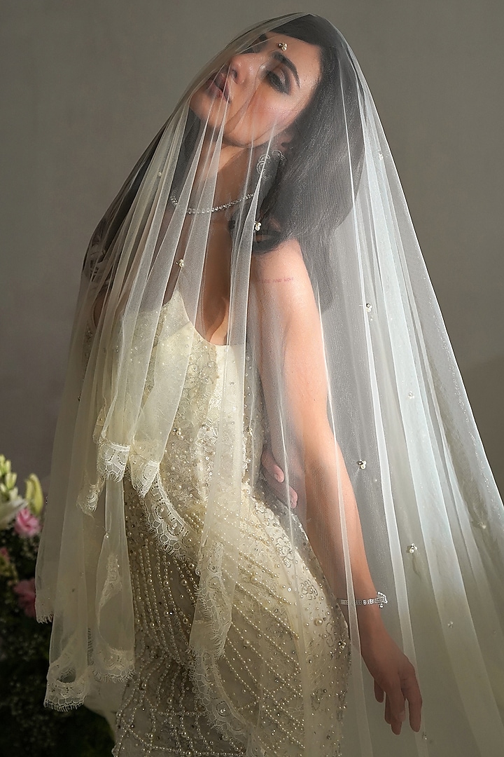 Off-White Chantilly Lace Pearl Hand Embroidered Mermaid Bridal Gown by SHOURYA GATHA at Pernia's Pop Up Shop
