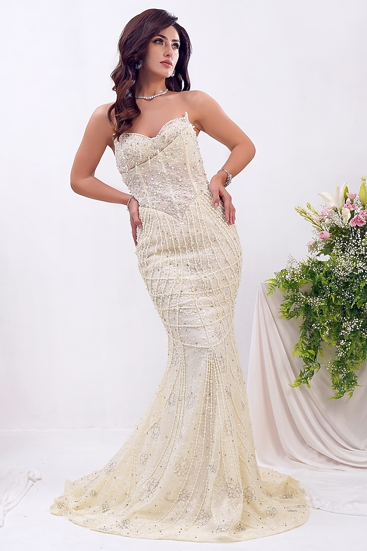 Off-White Chantilly Lace Pearl Hand Embroidered Mermaid Bridal Gown by SHOURYA GATHA at Pernia's Pop Up Shop
