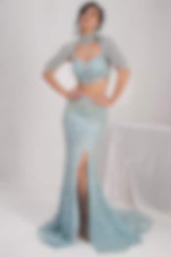 Sky Blue Tulle Net Sequin Hand Embroidered Jacket Bridal Lehenga Set by SHOURYA GATHA at Pernia's Pop Up Shop