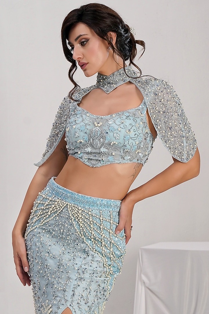 Sky Blue Tulle Net Sequin Hand Embroidered Jacket Bridal Lehenga Set by SHOURYA GATHA at Pernia's Pop Up Shop