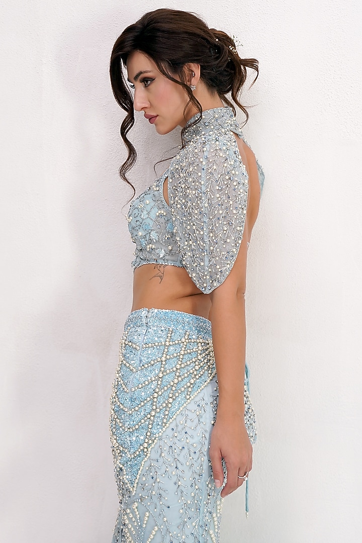 Sky Blue Tulle Net Sequin Hand Embroidered Jacket Bridal Lehenga Set by SHOURYA GATHA at Pernia's Pop Up Shop