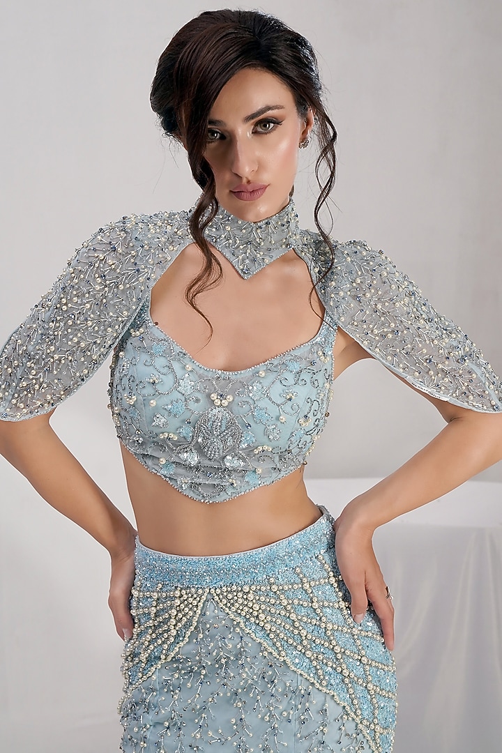 Sky Blue Tulle Net Sequin Hand Embroidered Jacket Bridal Lehenga Set by SHOURYA GATHA at Pernia's Pop Up Shop