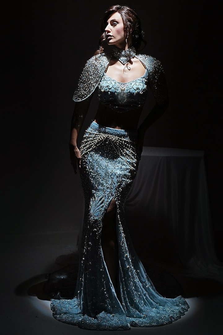 Sky Blue Tulle Net Sequin Hand Embroidered Jacket Bridal Lehenga Set by SHOURYA GATHA at Pernia's Pop Up Shop