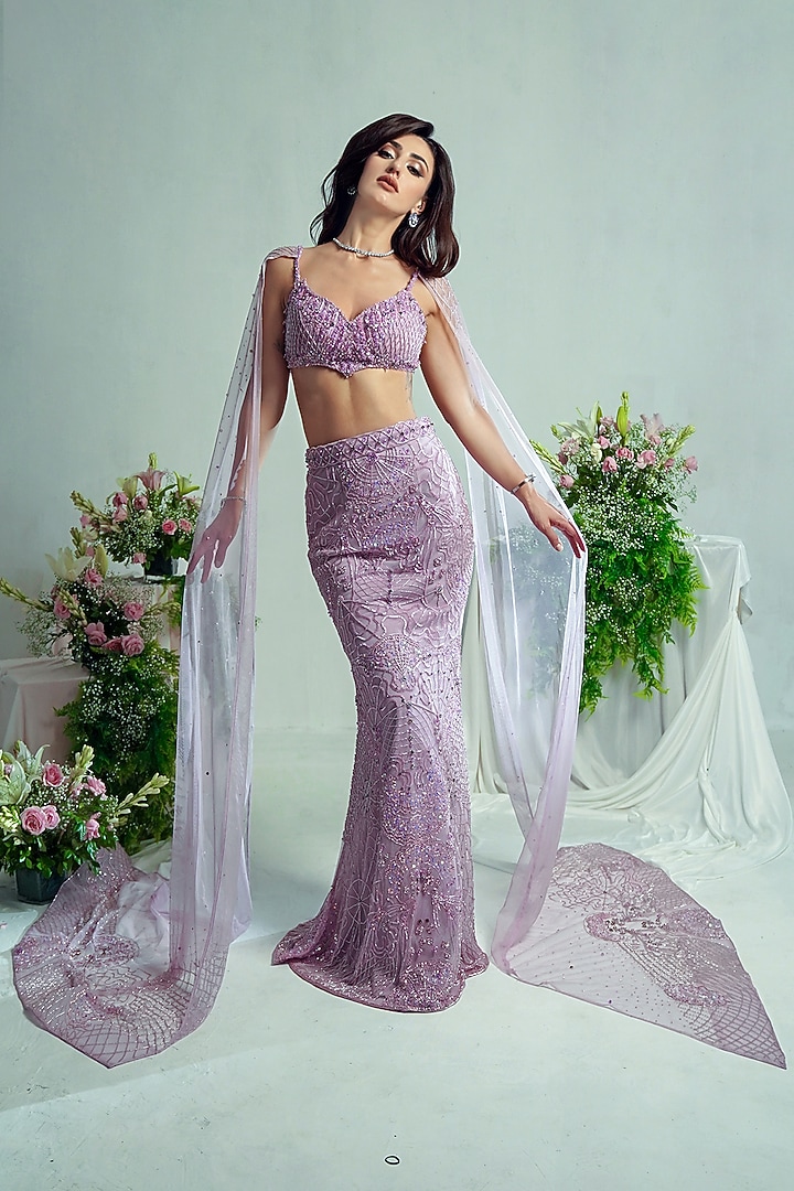 Lilac Tulle Net Sequin Hand Embroidered Wedding Lehenga Set by SHOURYA GATHA at Pernia's Pop Up Shop