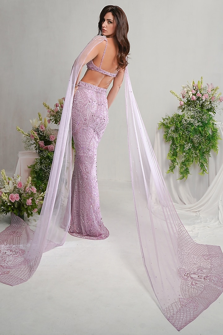 Lilac Tulle Net Sequin Hand Embroidered Wedding Lehenga Set by SHOURYA GATHA at Pernia's Pop Up Shop