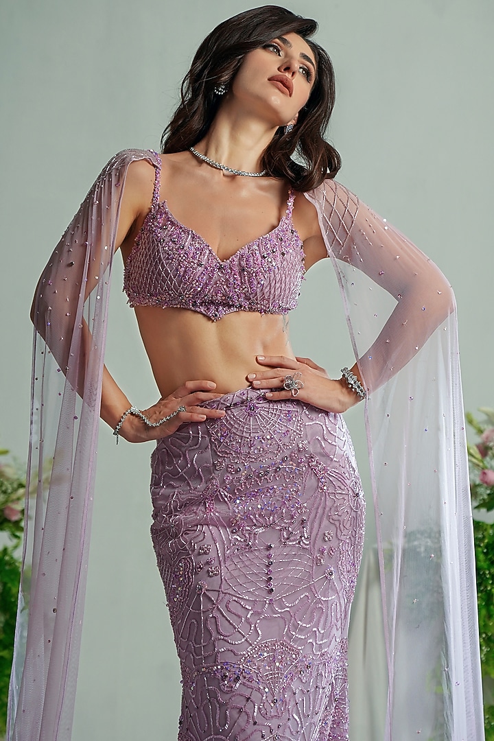 Lilac Tulle Net Sequin Hand Embroidered Wedding Lehenga Set by SHOURYA GATHA at Pernia's Pop Up Shop