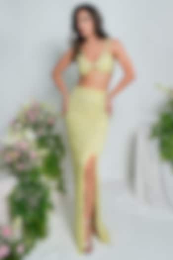 Butter Yellow Tulle Net Sequin Embroidered Wedding Lehenga Set by SHOURYA GATHA at Pernia's Pop Up Shop