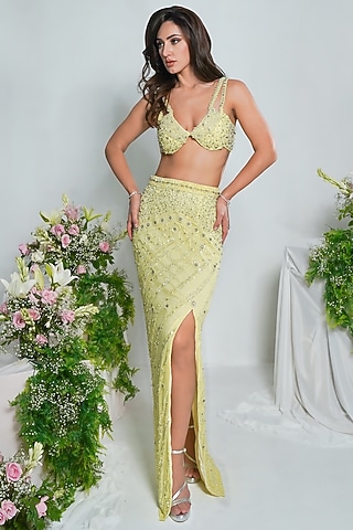 Butter Yellow Tulle Net Sequin Embroidered Lehenga Set by SHOURYA GATHA