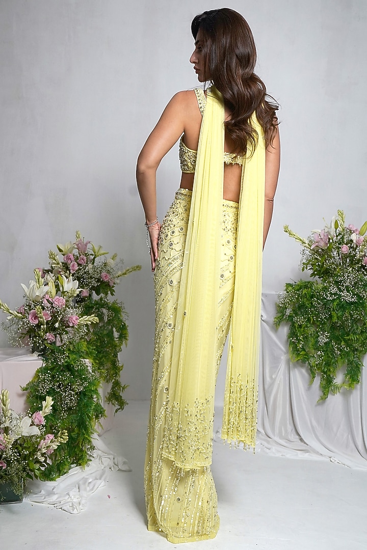 Butter Yellow Tulle Net Sequin Embroidered Wedding Lehenga Set by SHOURYA GATHA at Pernia's Pop Up Shop