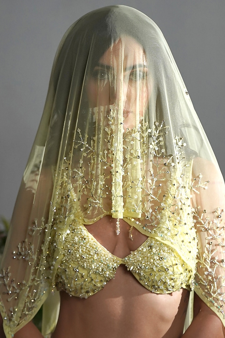 Butter Yellow Tulle Net Sequin Embroidered Wedding Lehenga Set by SHOURYA GATHA at Pernia's Pop Up Shop