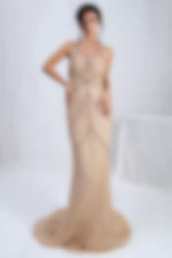 Nude Tulle Net Pearl Hand Embroidered Engagement Gown With Cape by SHOURYA GATHA at Pernia's Pop Up Shop