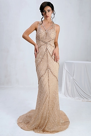 Nude Tulle Net Pearl Hand Embroidered Gown With Cape by SHOURYA GATHA